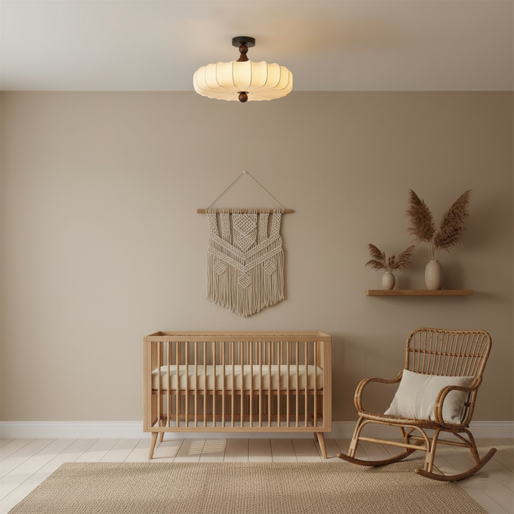 Flush Mount Wood Ceiling Light with Scalloped Fabric Shade 18×12 in LED Fixture for Dining Room Bedroom Entryway Black Walnut Finish Modern