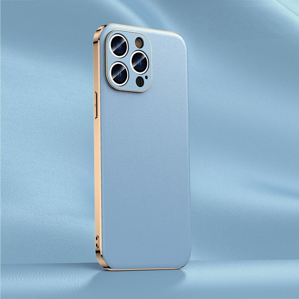 Premium Cowhide Leather iPhone Case with Metallic Frame Edge Protection for iPhone 12 13 14 15 16 17 Pro Max