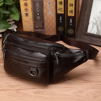 Cowhide Leather Belt Bag – Adjustable Crossbody Sling with Multiple Pockets for Men's Everyday Carry, Hiking & Outdoor Adventures