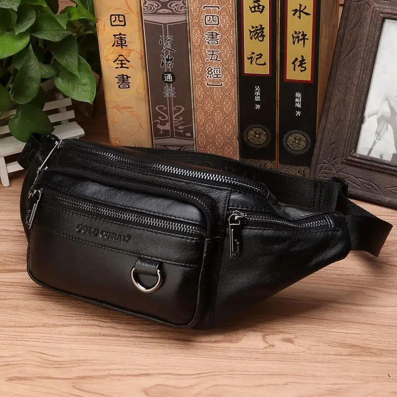 Cowhide Leather Belt Bag – Adjustable Crossbody Sling with Multiple Pockets for Men's Everyday Carry, Hiking & Outdoor Adventures