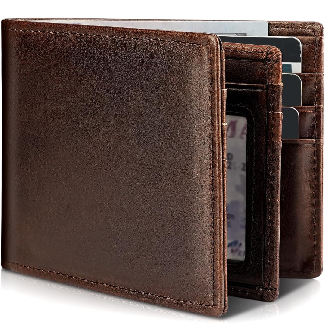 Mens Wallet with RFID Protection, RFID Blocking Wallet, Slim Bifold Leather Wallet with 13 Card Slots and ID Window
