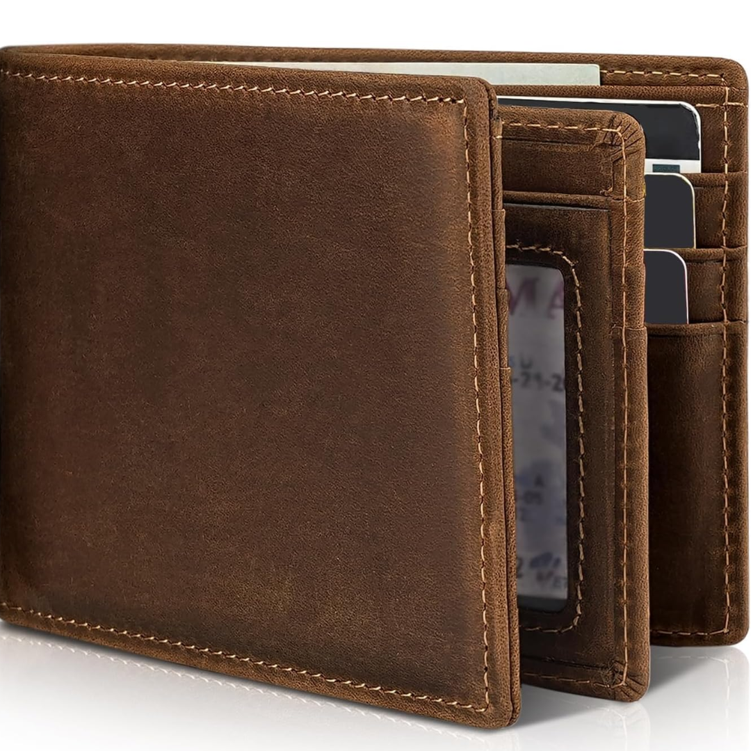 Mens Wallet with RFID Protection, RFID Blocking Wallet, Slim Bifold Leather Wallet with 13 Card Slots and ID Window