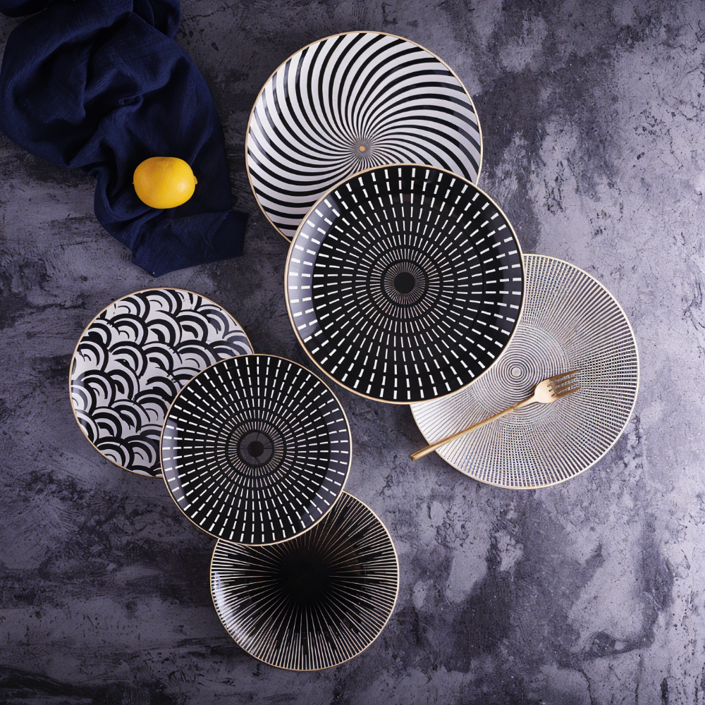 Dinner Plate Set 10 Inch Monochrome Pattern Gold Edge Fine China Dishware for Kitchen Table Modern Black White Serving Plates Dining Room De