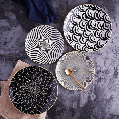 Dinner Plate Set 10 Inch Monochrome Pattern Gold Edge Fine China Dishware for Kitchen Table Modern Black White Serving Plates Dining Room De
