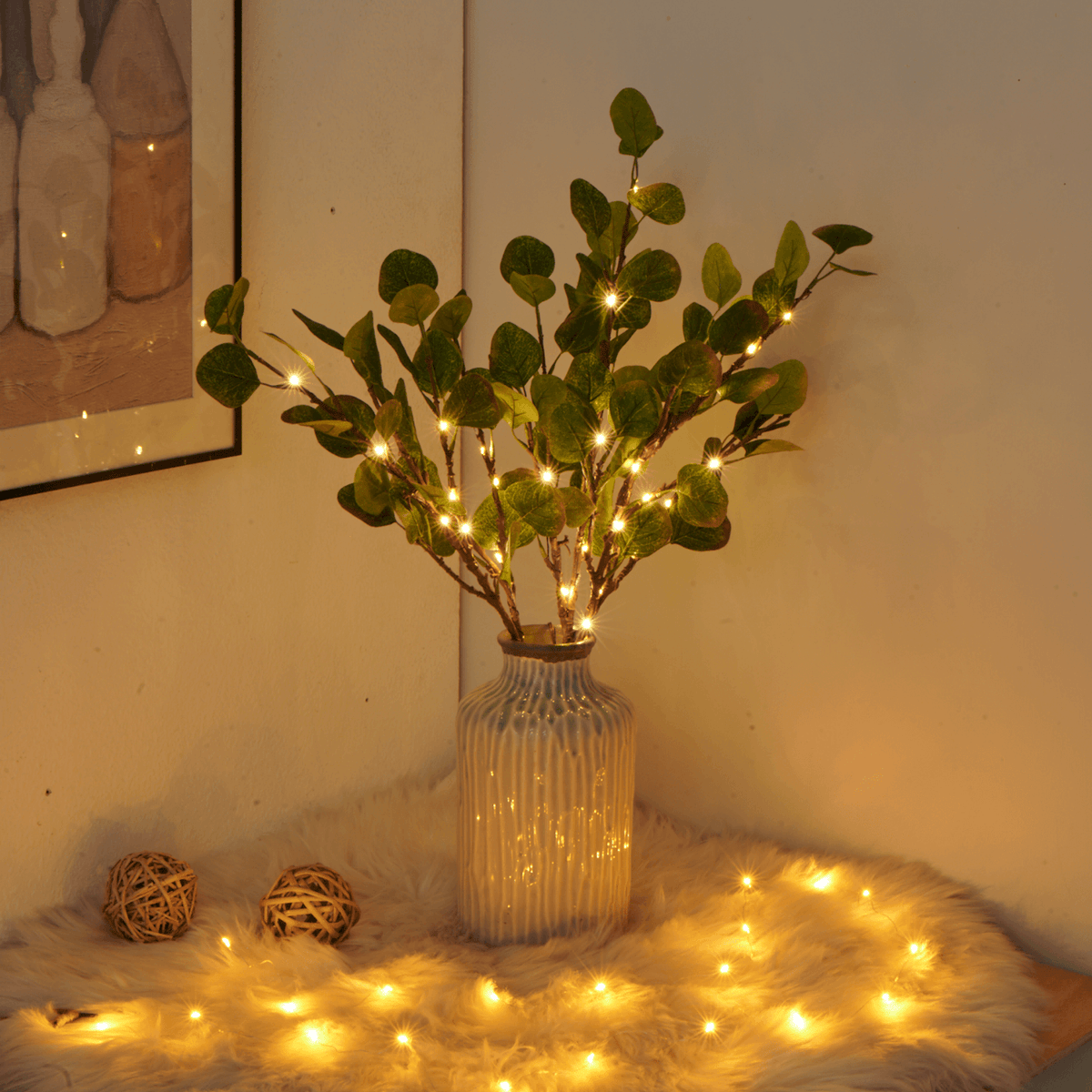 Battery Powered LED Twig Lights 28 Inch Bendable Olive Stem 120 Warm White Bulbs for Vases Centerpieces Living Room Bedroom Decor
