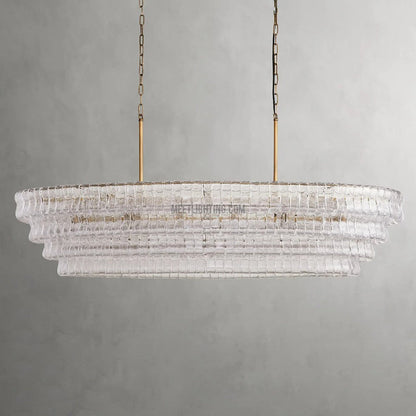 Oval Statement Chandelier Steel Frame Curved Glass Panels Adjustable Drop 5 or 12 Bulbs Dining Room Foyer