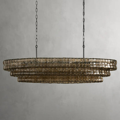 Oval Statement Chandelier Steel Frame Curved Glass Panels Adjustable Drop 5 or 12 Bulbs Dining Room Foyer
