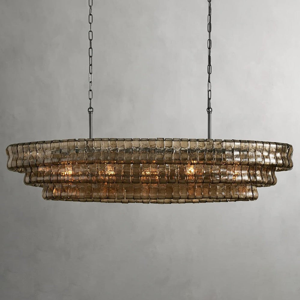 Oval Statement Chandelier Steel Frame Curved Glass Panels Adjustable Drop 5 or 12 Bulbs Dining Room Foyer
