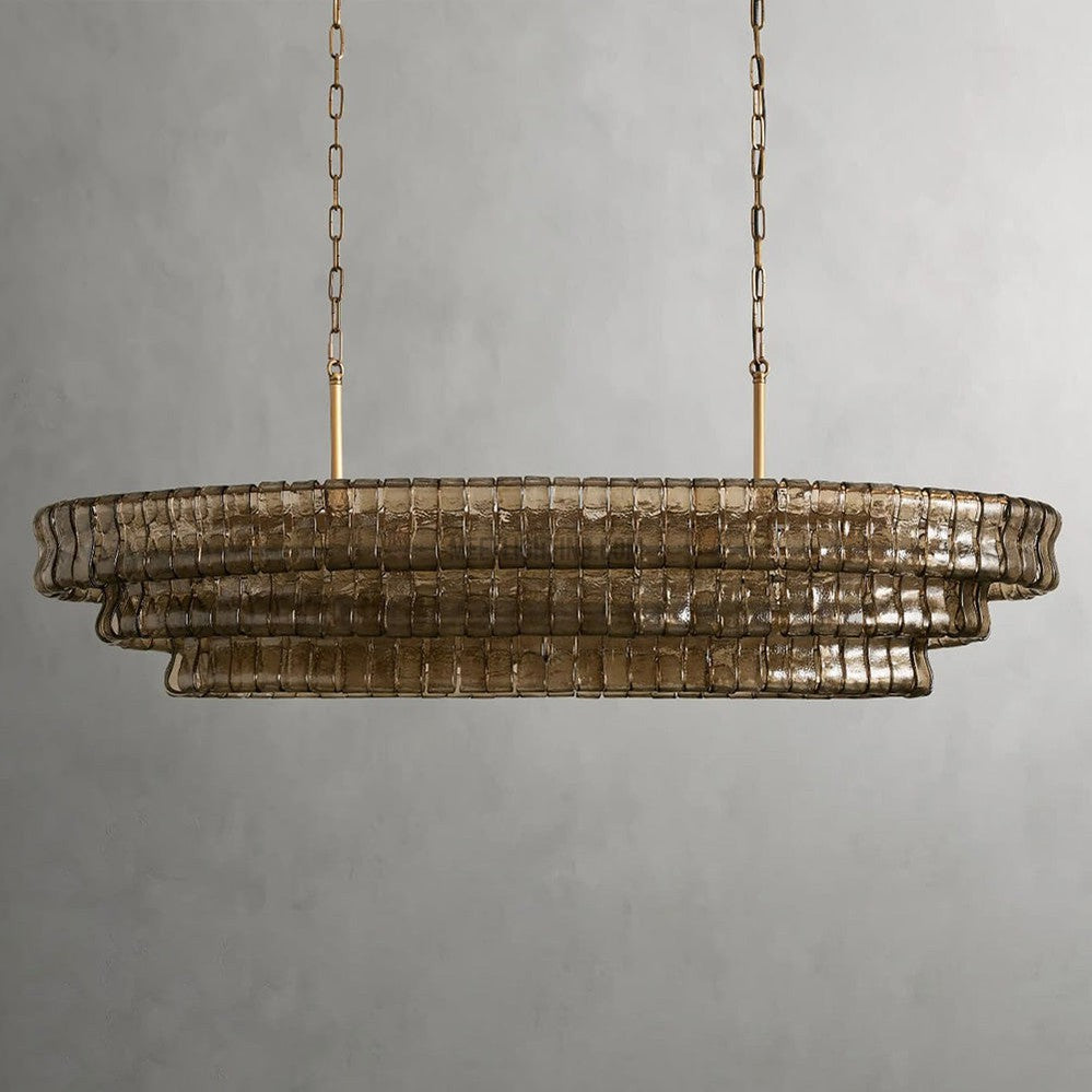 Oval Statement Chandelier Steel Frame Curved Glass Panels Adjustable Drop 5 or 12 Bulbs Dining Room Foyer