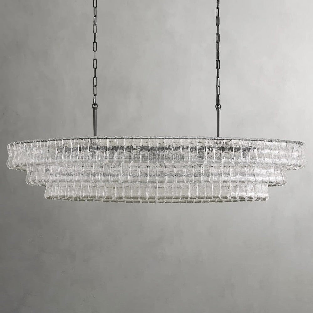 Oval Statement Chandelier Steel Frame Curved Glass Panels Adjustable Drop 5 or 12 Bulbs Dining Room Foyer