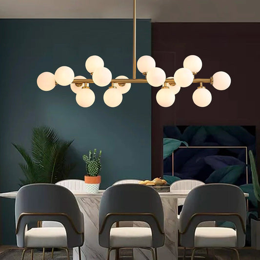 16-Light Linear Island Chandelier with Frosted Glass Globes Gold Finish for Dining Room Kitchen