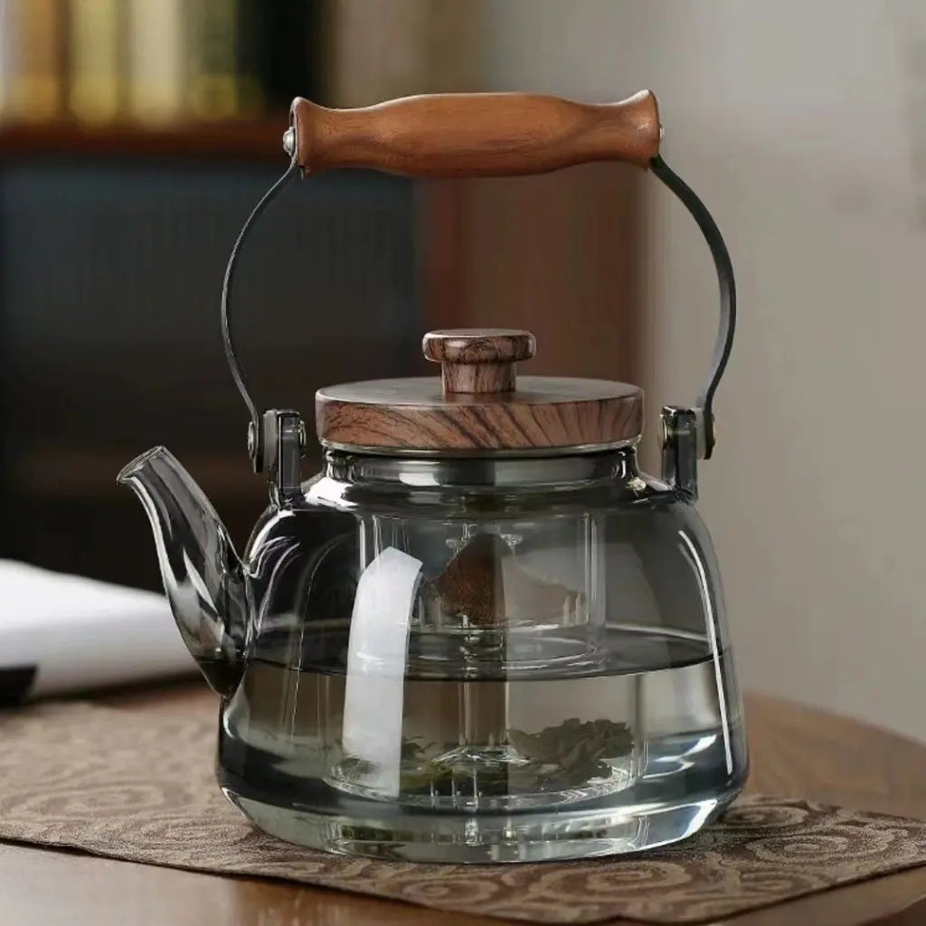 Clear Glass Tea Pot with Removable Strainer & Wood Grip 34 oz Capacity Heat-Resistant Loose Tea Server for Herbal Green Black Oolong Daily B
