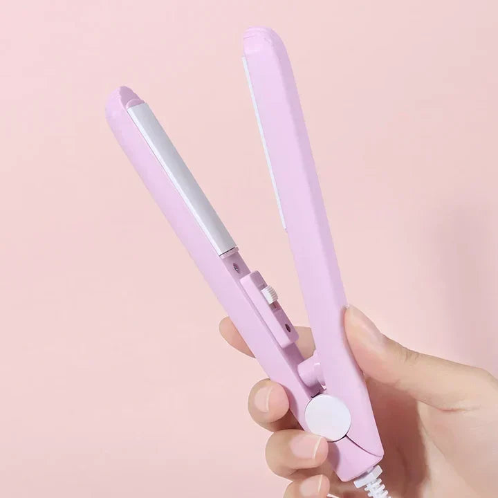 Compact Travel Hair Straightener and Curling Iron 2-in-1 Styling Tool with Ceramic Tourmaline Plates for Smooth Curls and Sleek Straight Hai