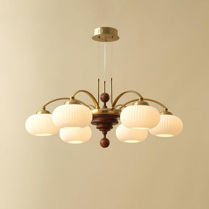 Multi-Light Wood & Glass Statement Fixture for Dining Rooms | Mixed Material Ceiling Light with Ribbed Shades | Modern Ambient Overhead Ligh