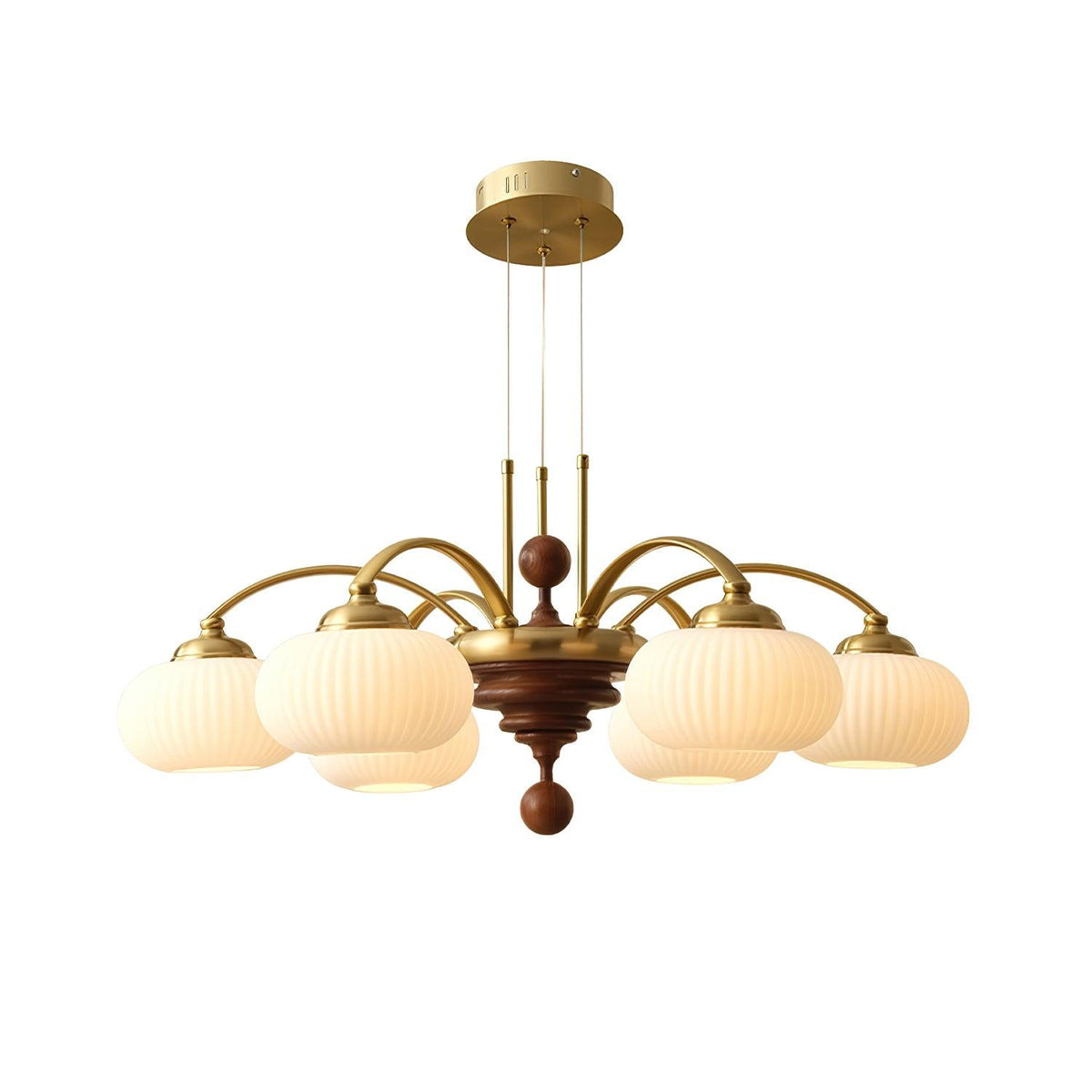 Multi-Light Wood & Glass Statement Fixture for Dining Rooms | Mixed Material Ceiling Light with Ribbed Shades | Modern Ambient Overhead Ligh