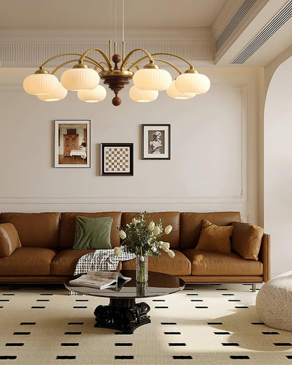 Multi-Light Wood & Glass Statement Fixture for Dining Rooms | Mixed Material Ceiling Light with Ribbed Shades | Modern Ambient Overhead Ligh