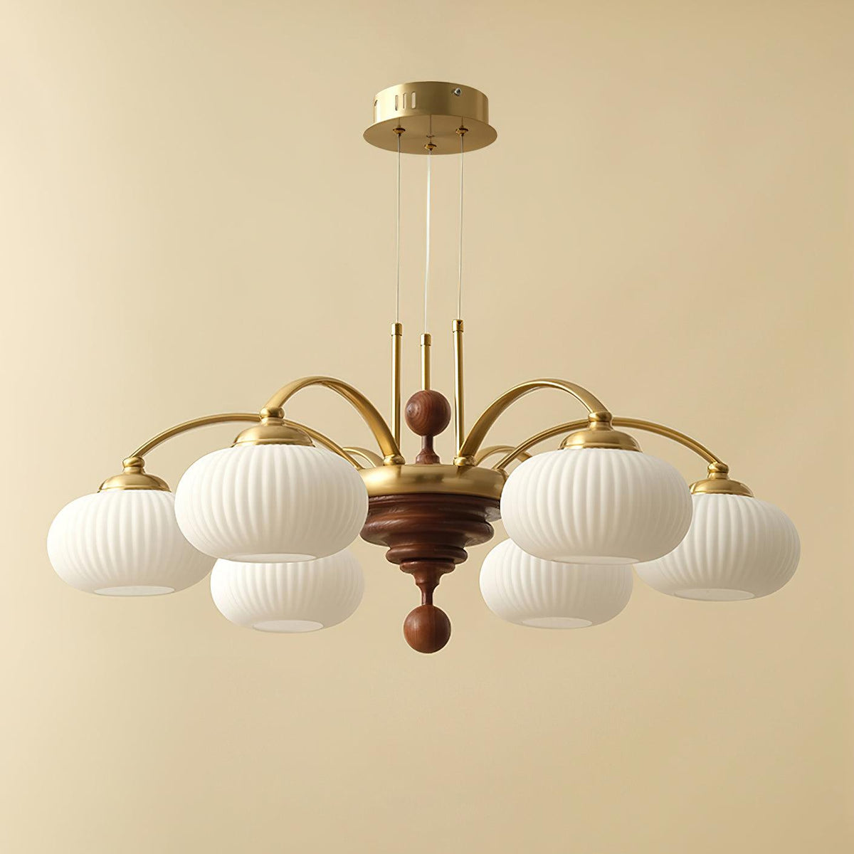 Multi-Light Wood & Glass Statement Fixture for Dining Rooms | Mixed Material Ceiling Light with Ribbed Shades | Modern Ambient Overhead Ligh