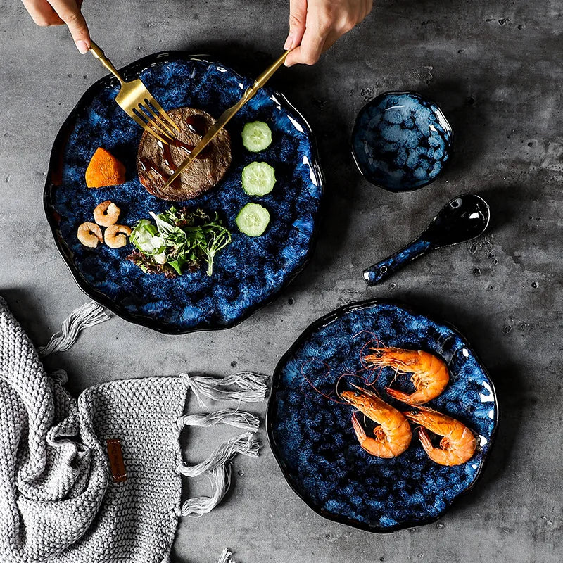 Ceramic Tableware Collection 10-Piece Set with Celestial Blue Pattern for Family Dinners Casual Dining Formal Entertaining Kitchen Essential