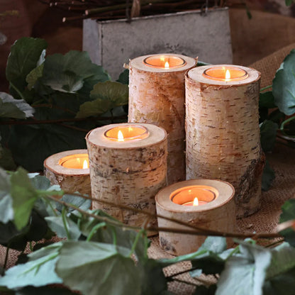 Natural Wood Tealight Holder Rustic Decorative Accent Glass Insert Candle Stand for Dining Table Living Room Mantle Home Decor Centerpiece