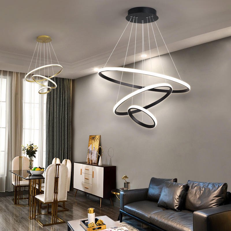 Triple-Ring LED Chandelier – Adjustable Dimmable Modern Ceiling Light – Black, Gold, White – 24x16x8 Inch Rings – Contemporary Hanging