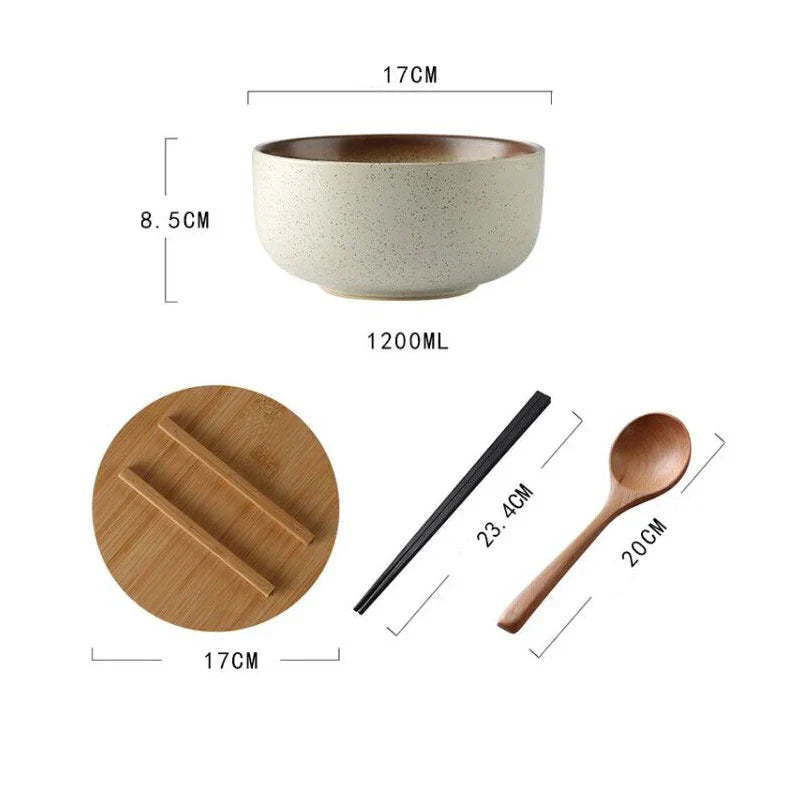 Handcrafted Ceramic Soup Bowl Set of 4 with Spoon and Chopsticks for Ramen Noodles Salad Stew Kitchen Dining Table Dishwasher Safe