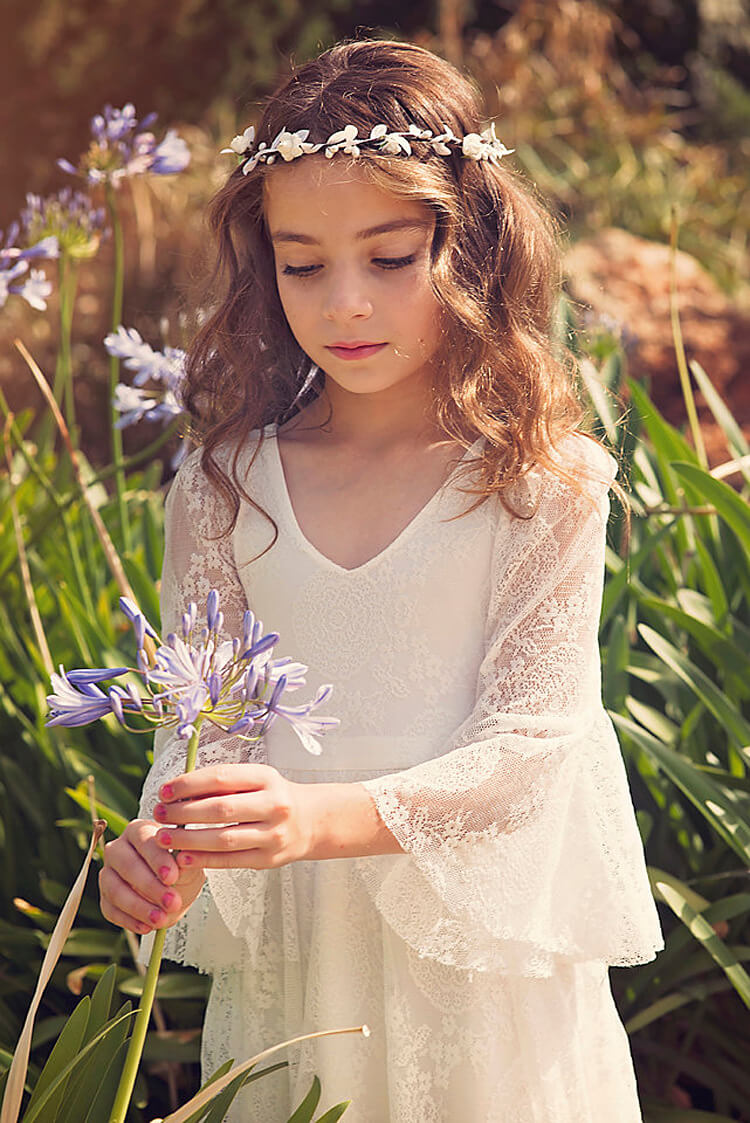 Girls First Communion Dress White Lace Bohemian Flower Girl Gown Soft Cotton Blend for Special Occasions Wedding Easter