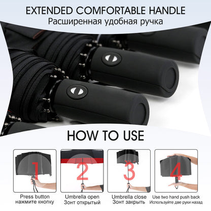 Reverse-Close Inverted Umbrella with Auto-Open Button – Wind-Resistant Double-Layer Canopy for Storm Protection – Hands-Free C-Handle