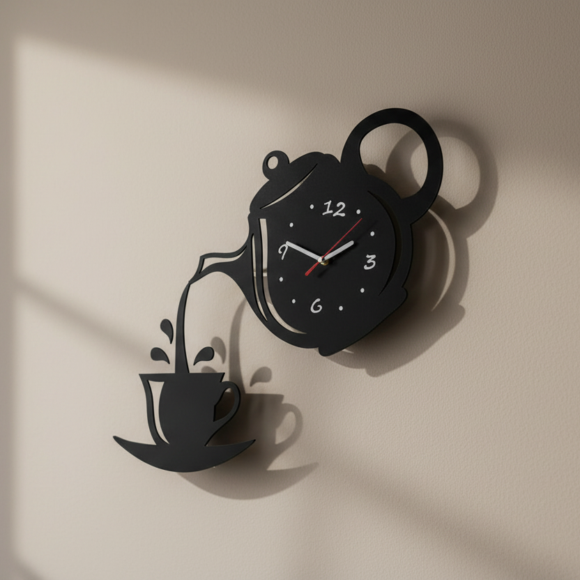 Reloj de pared tetera Marova: acrílico espejado 3D, diseño de cuarzo silencioso