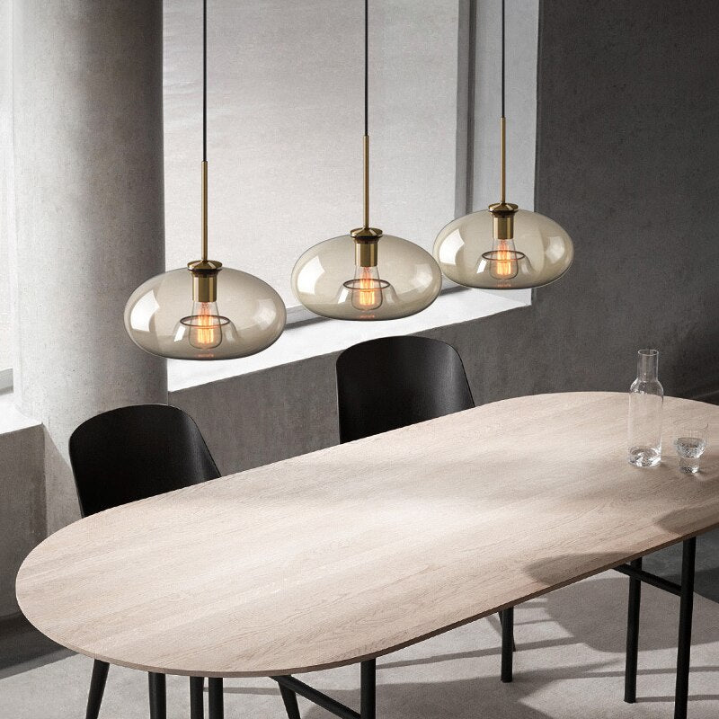 Amber Glass Pendant Light Fixture with Adjustable Cable for Kitchen Island Dining Room Bedroom Modern Hanging Ceiling Lamp Iron Frame