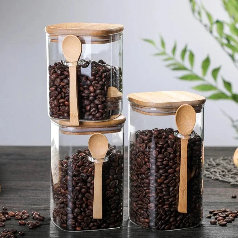 Glass Food Storage Jars with Bamboo Lids 8 Inch 3-Piece Airtight Canister Set for Pantry Organization Kitchen Countertop Dry Goods Container