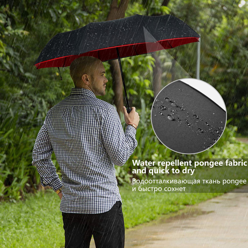 Reverse-Close Inverted Umbrella with Auto-Open Button – Wind-Resistant Double-Layer Canopy for Storm Protection – Hands-Free C-Handle