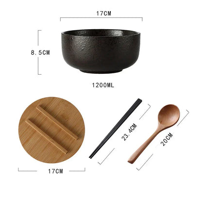 Handcrafted Ceramic Soup Bowl Set of 4 with Spoon and Chopsticks for Ramen Noodles Salad Stew Kitchen Dining Table Dishwasher Safe