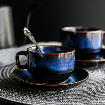 Bone China Coffee and Espresso Cup with Saucer Set - Deep Blue Ceramic Drinkware for Tea, Coffee, and Hot Beverages - Elegant Mug and Plate