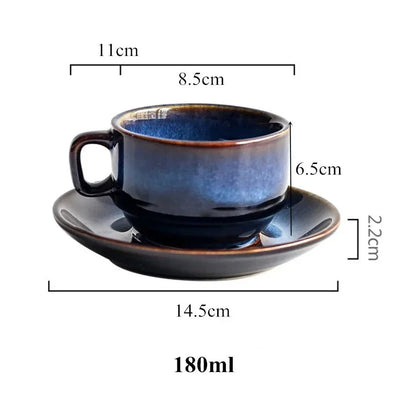 Porcelain Cup and Saucer Set 12 oz Deep Blue Finish for Hot Beverages Home Kitchen Daily Use Coffee Tea Breakfast Serving Dinnerware Drinkwa
