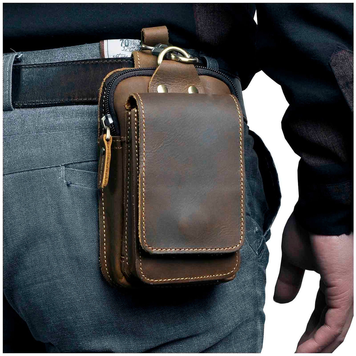 Men's Waist Belt Pouch – Genuine Cowhide Hip Pack with RF Shielding Lining for Phone & Essentials