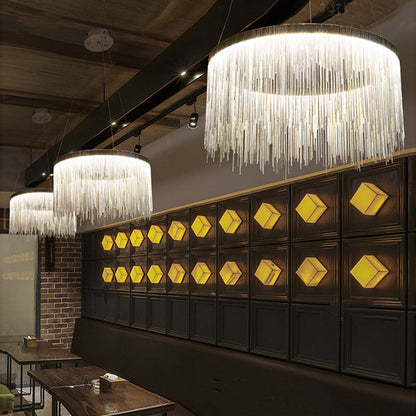 Circular Aluminum LED Chandelier Modern Ring Pendant Light Silver Finish for Dining Room Kitchen Bedroom Adjustable Height Ceiling Fixture