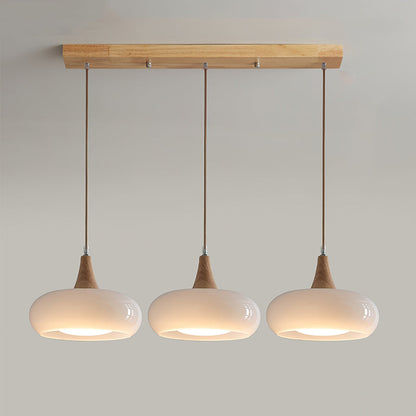 Glass Pendant Light with Wood Canopy & Metal Accents for Kitchen Dining Room Bedroom | Warm Ambient Hanging Ceiling Fixture E26 E27