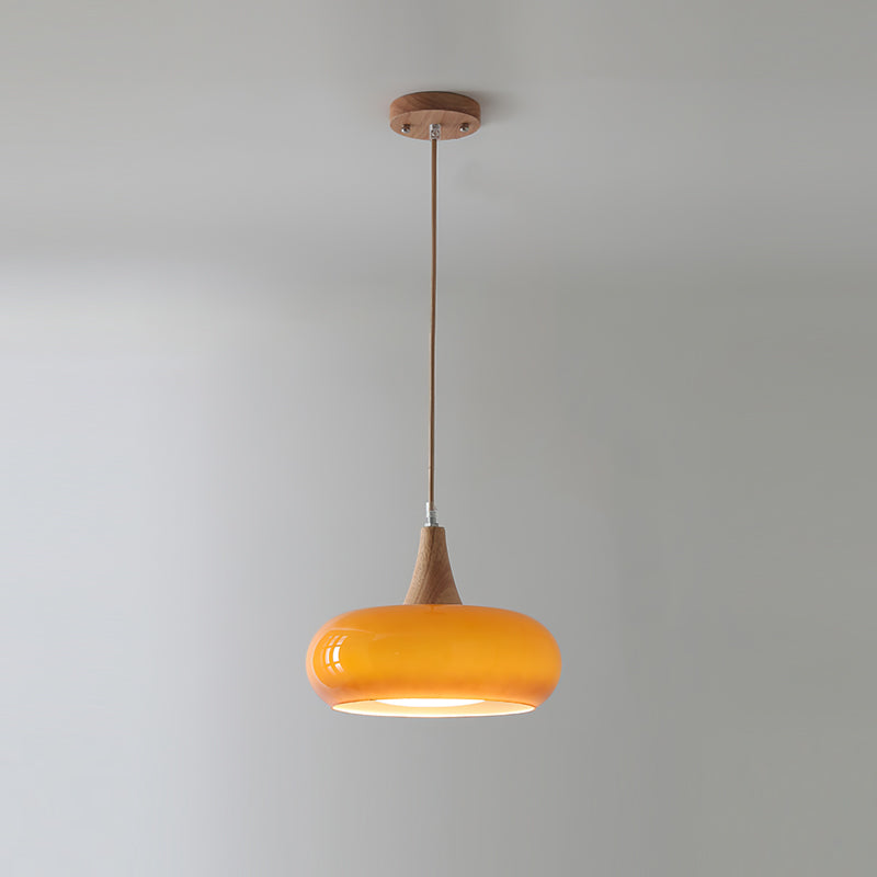 Glass Pendant Light with Wood Canopy & Metal Accents for Kitchen Dining Room Bedroom | Warm Ambient Hanging Ceiling Fixture E26 E27