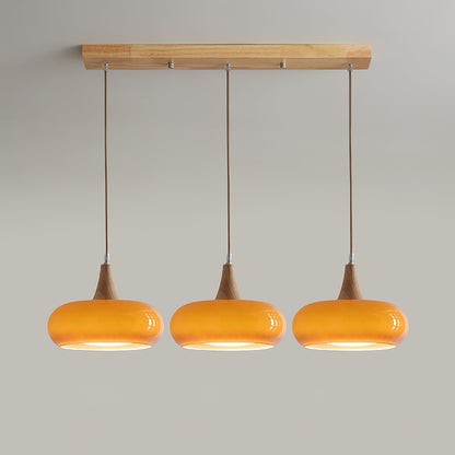 Wood & Amber Glass Pendant Light – Single, Double or Triple Head Design for Kitchen & Dining Room