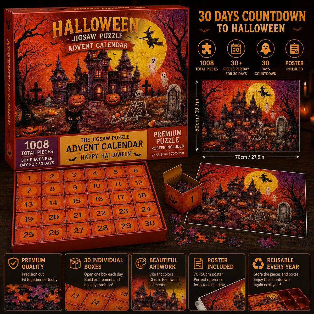 Halloween Advent Calendar Jigsaw Puzzle 1008 Piece, Haunted Castle Halloween Puzzle with 30 Boxes, Halloween Countdown Calendar