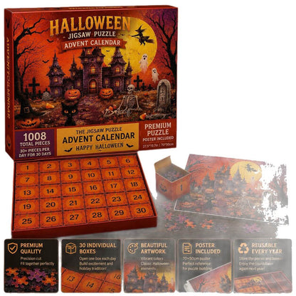Halloween Advent Calendar Jigsaw Puzzle 1008 Piece, Haunted Castle Halloween Puzzle with 30 Boxes, Halloween Countdown Calendar