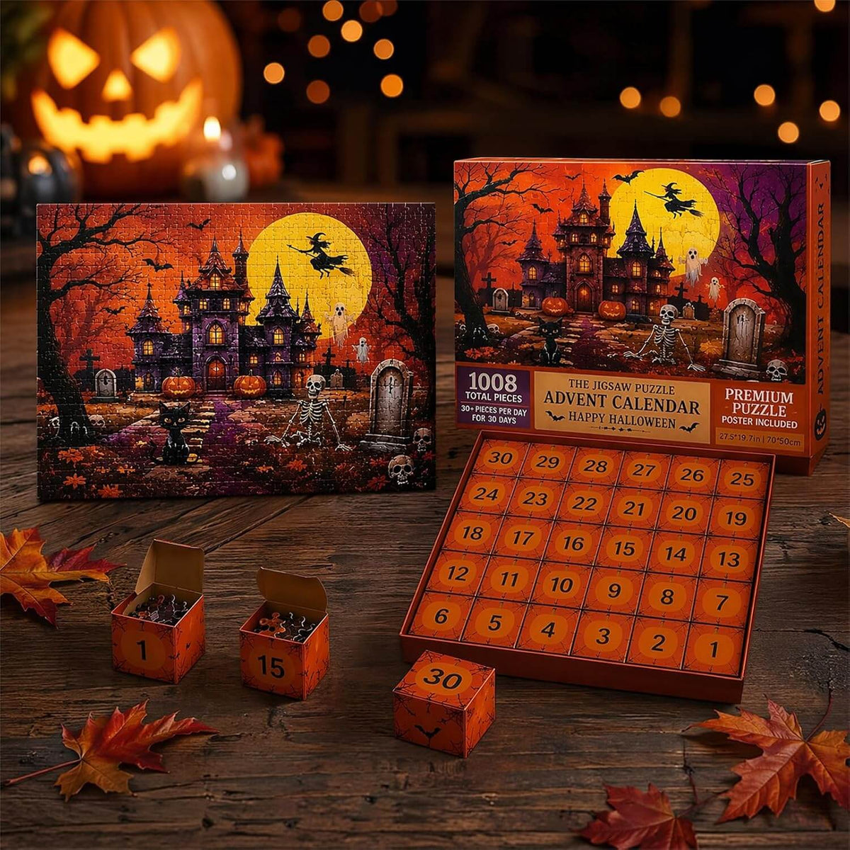 Halloween Advent Calendar Jigsaw Puzzle 1008 Piece, Haunted Castle Halloween Puzzle with 30 Boxes, Halloween Countdown Calendar