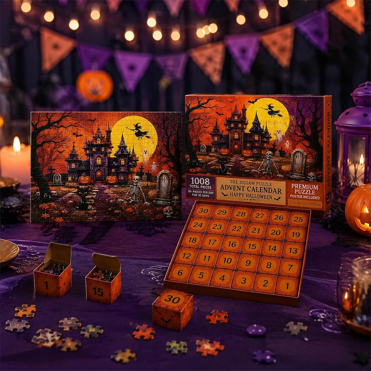 Halloween Advent Calendar Jigsaw Puzzle 1008 Piece, Haunted Castle Halloween Puzzle with 30 Boxes, Halloween Countdown Calendar