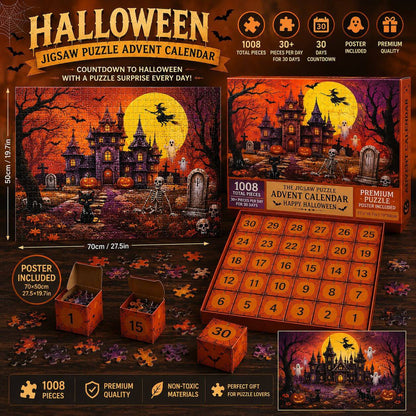 Halloween Advent Calendar Jigsaw Puzzle 1008 Piece, Haunted Castle Halloween Puzzle with 30 Boxes, Halloween Countdown Calendar