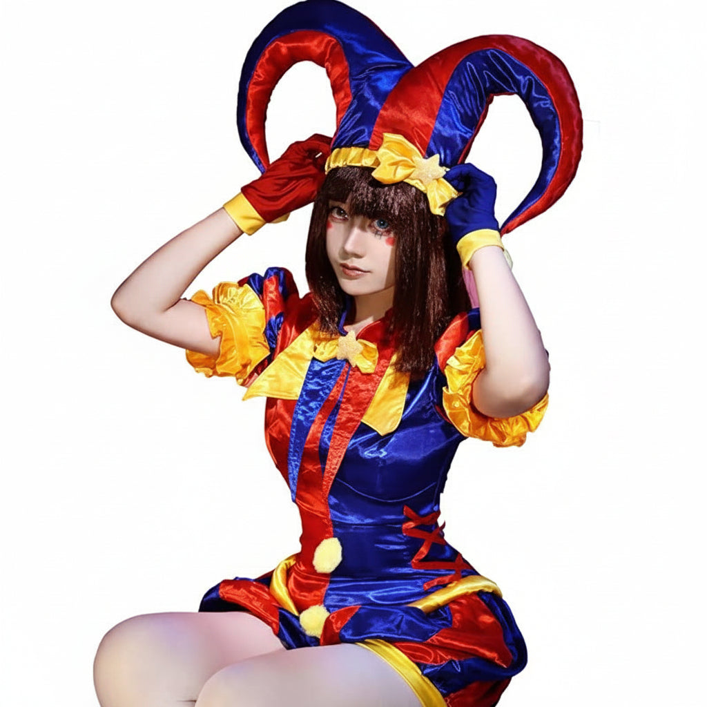 Disfraz de bufón festivo | Conjunto completo para mujer con sombrero y guantes para celebraciones divertidas