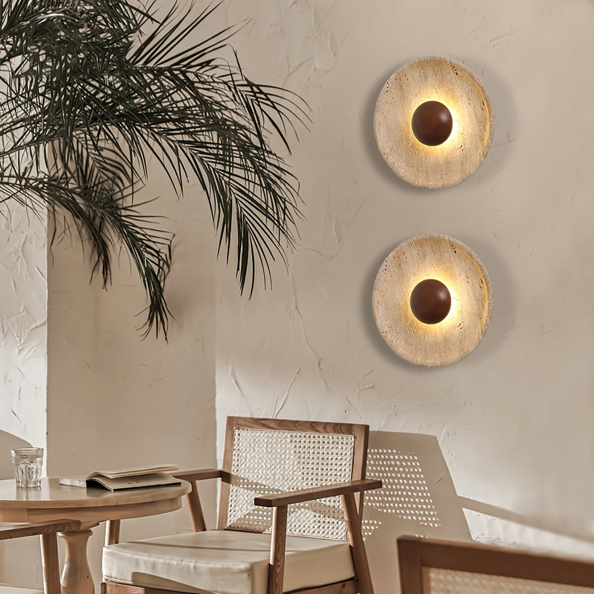 Round Stone & Wood Sconce – Ambient Wall Lighting for Bedroom, Entryway & Lounge – Natural Texture Fixture with Gentle Diffused Glow – Moder