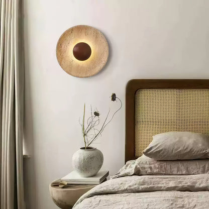 Round Stone & Wood Sconce – Ambient Wall Lighting for Bedroom, Entryway & Lounge – Natural Texture Fixture with Gentle Diffused Glow – Moder