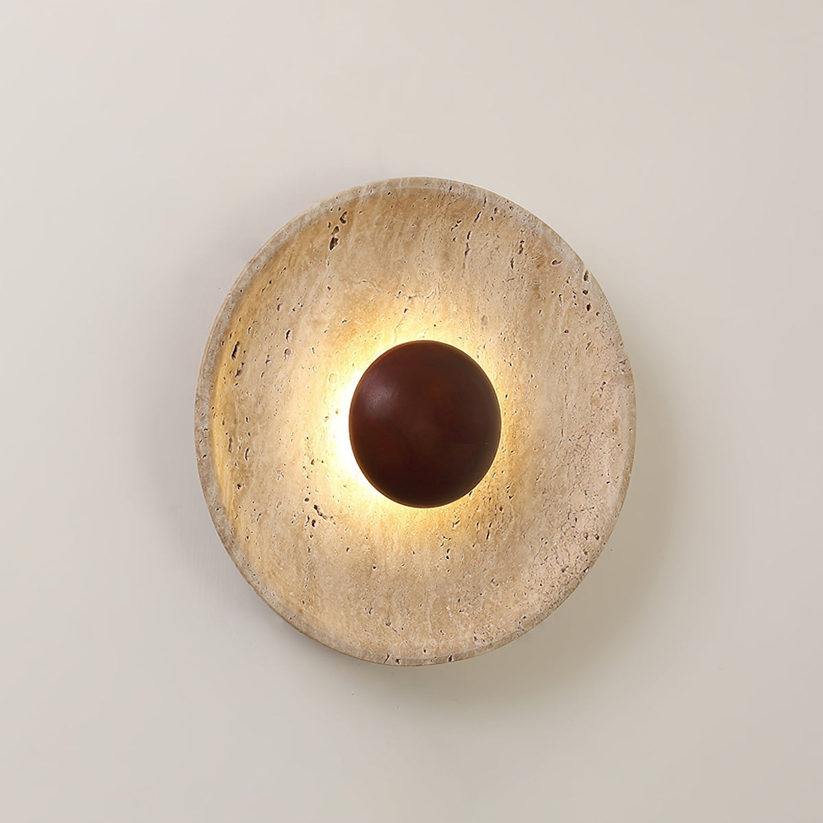 Round Stone & Wood Sconce – Ambient Wall Lighting for Bedroom, Entryway & Lounge – Natural Texture Fixture with Gentle Diffused Glow – Moder