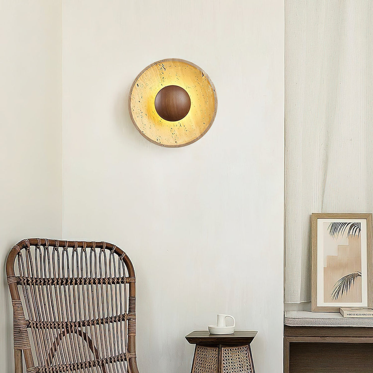 Round Stone & Wood Sconce – Ambient Wall Lighting for Bedroom, Entryway & Lounge – Natural Texture Fixture with Gentle Diffused Glow – Moder