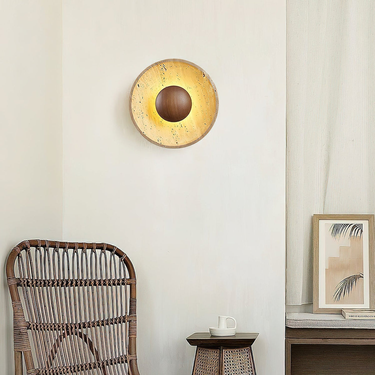 Travertine Sun Wall Sconce with Wood Sphere – Sculptural Halo Accent Light for Modern Living Room & Bedroom